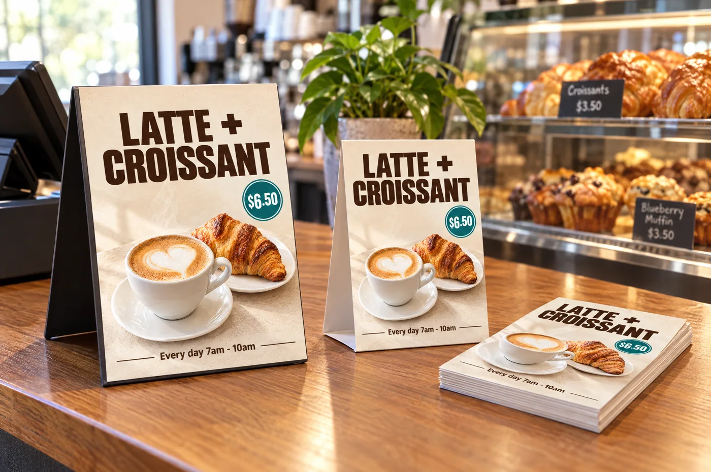 Counter cards and flyers with the Latte + Croissant ad