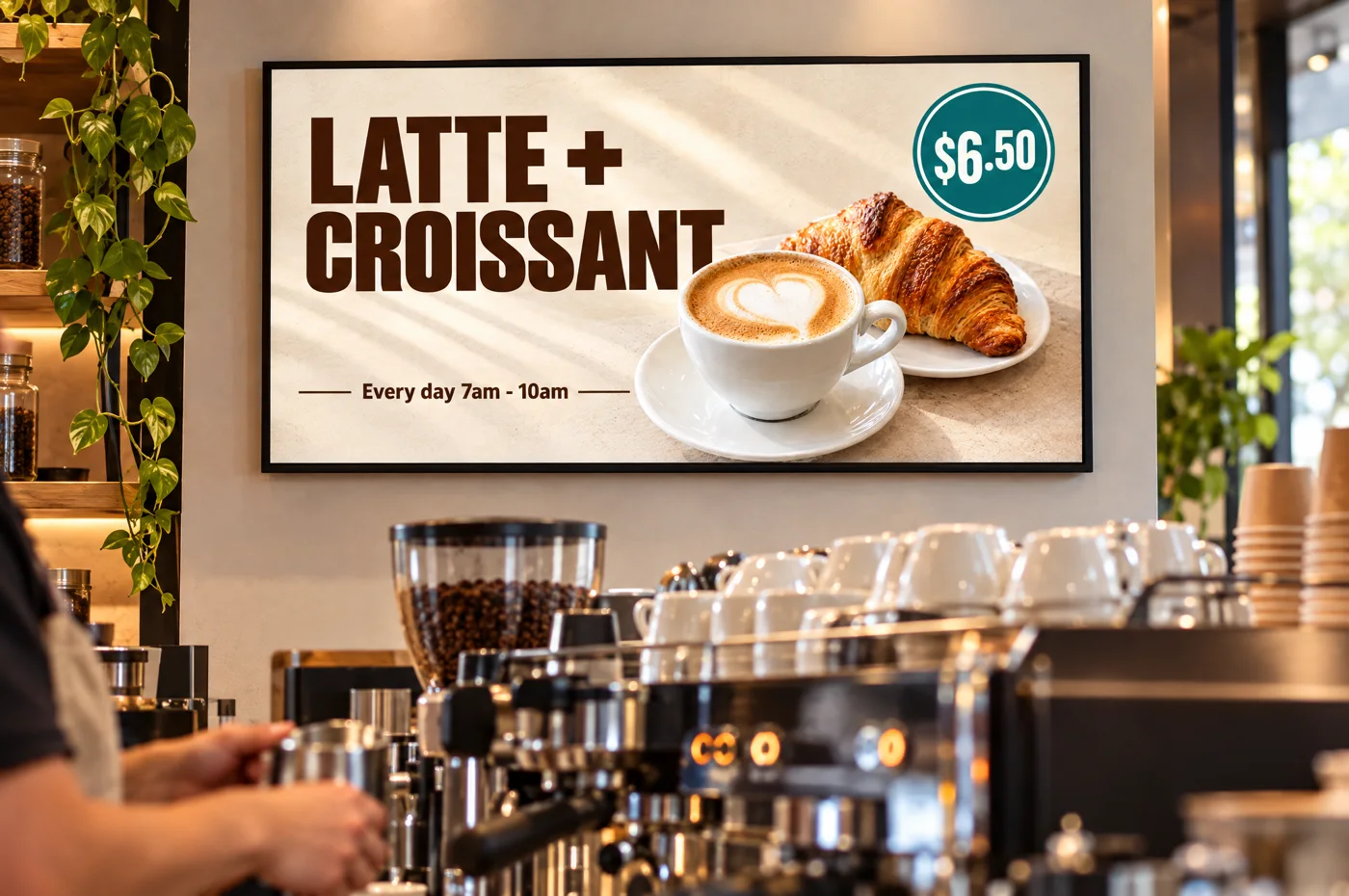 The Latte + Croissant ad on a screen in a coffee shop window