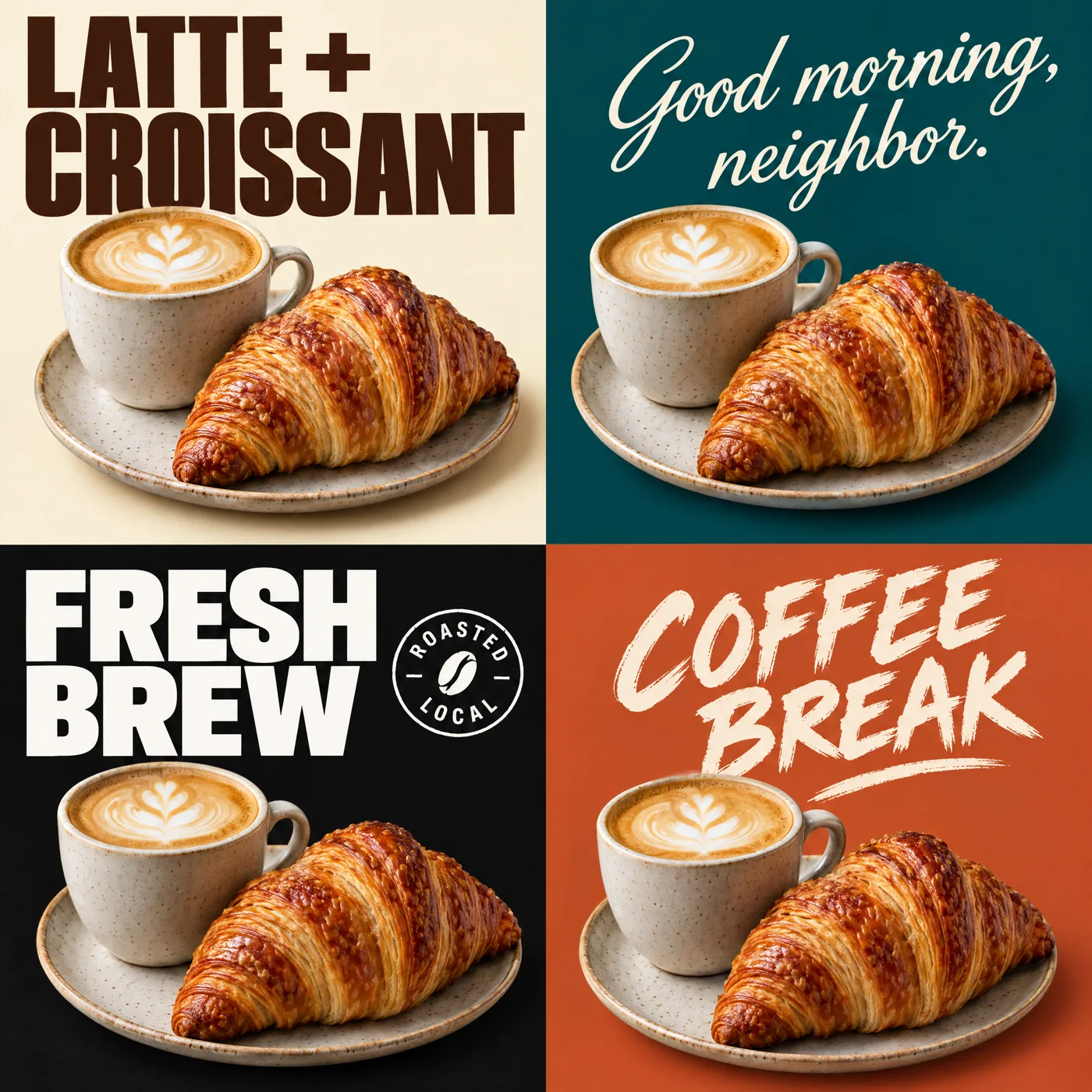 Four ad design directions for the same latte photo