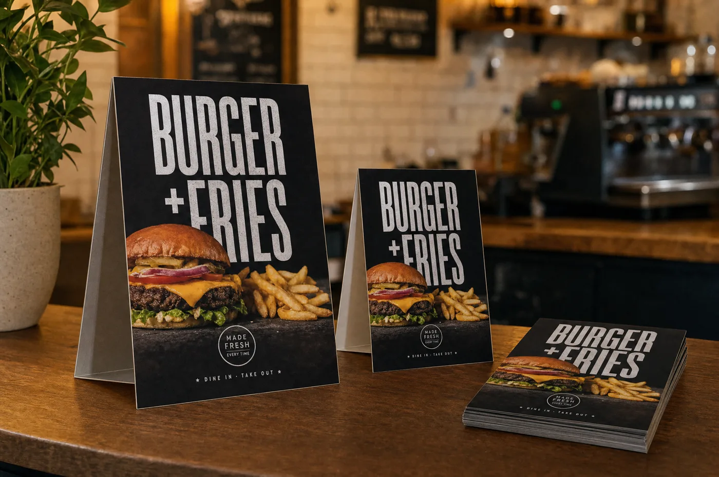 Counter posters and flyers with the Burger + Fries ad