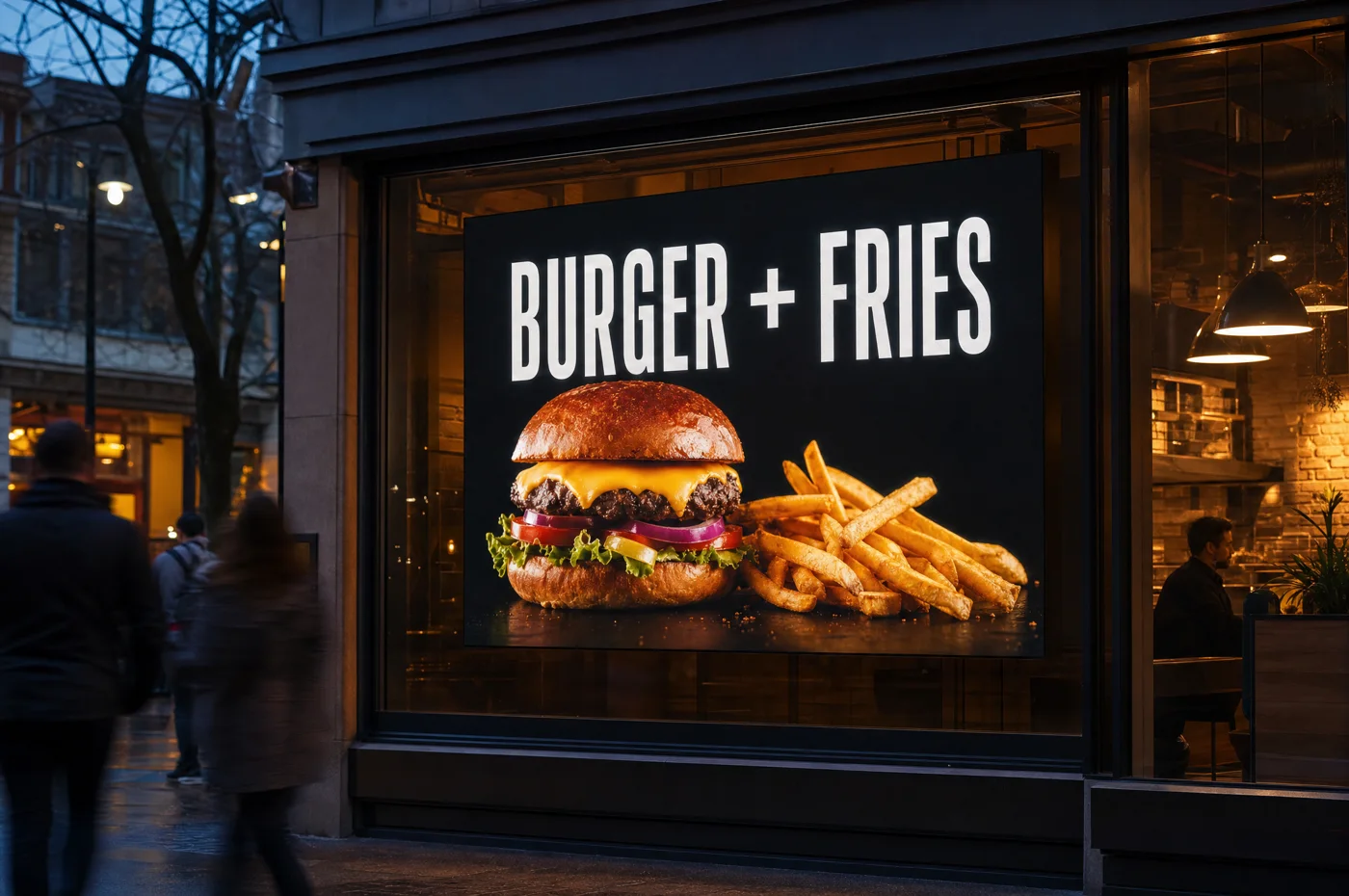 A Burger + Fries ad glowing on a storefront screen