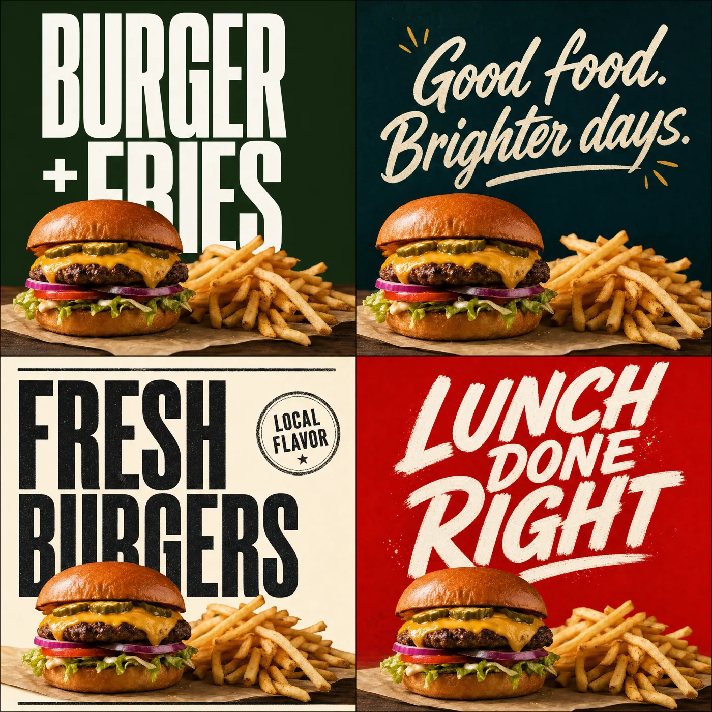 Four ad design directions for the same burger photo