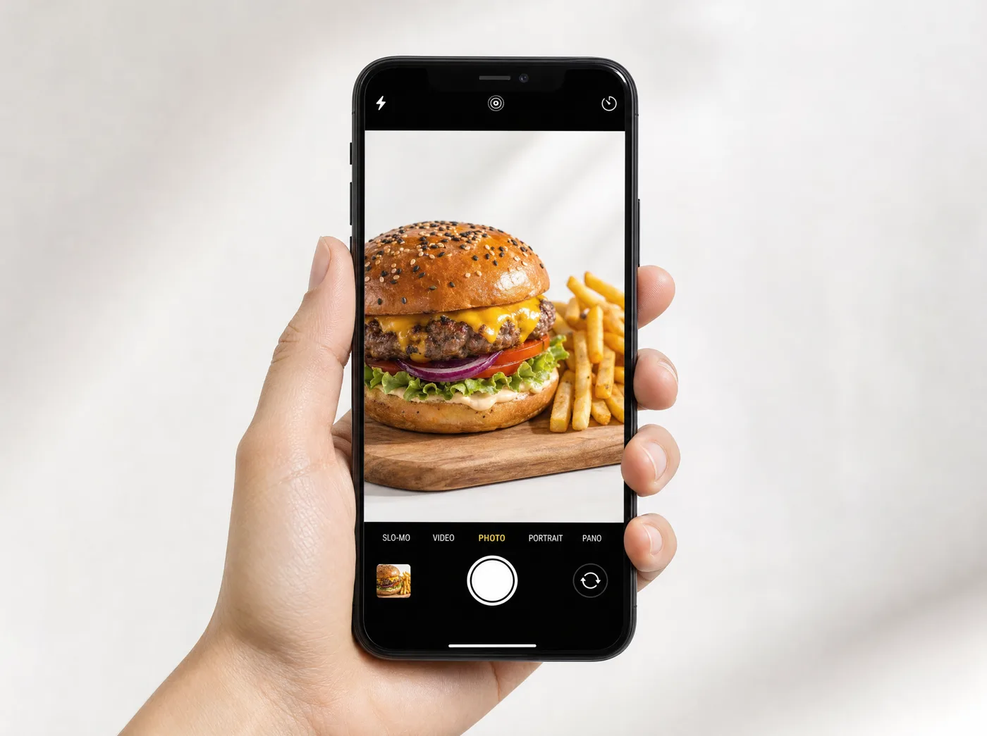 A phone camera framing a burger and fries