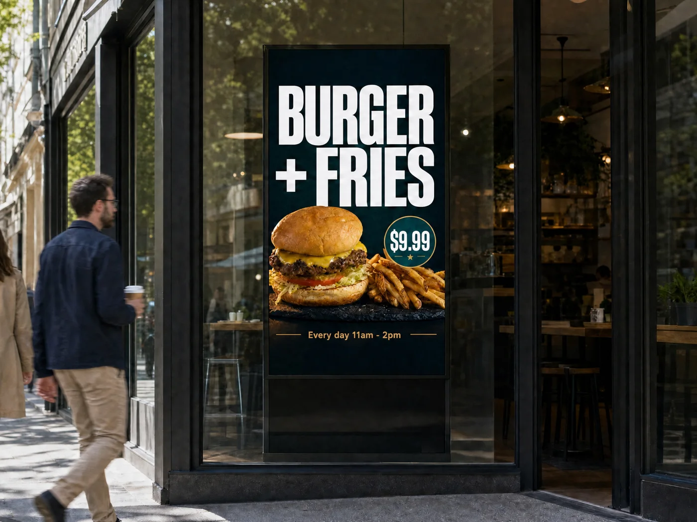 The finished ad playing on a storefront screen on a sunny street